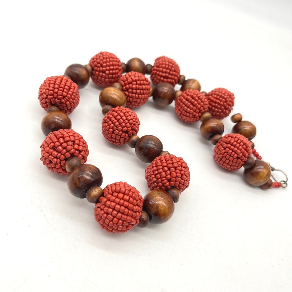 Red Seed Bead and Dark Wood Chunky Statement Necklace 22 Inch Boho Eclectic